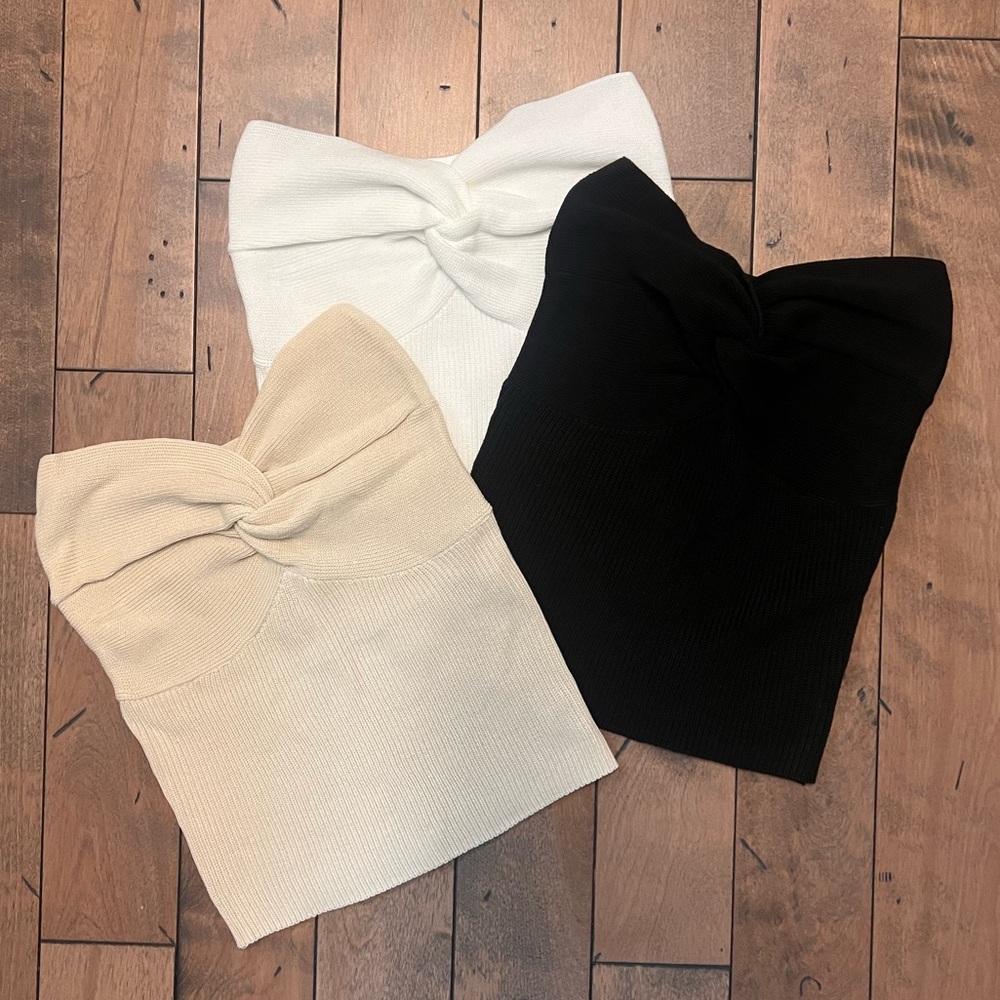 Set of 3 Strapless Sexy Sweetheart Ribbed Knit Twisted Knot Front